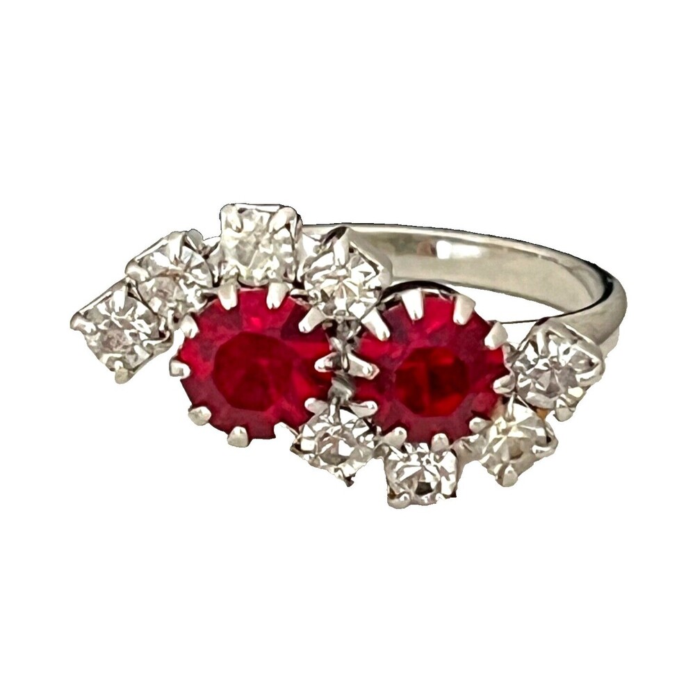Vintage 1960s Cocktail Ring Silver Tone Red Rhinestones Mid Century Modern - 4J